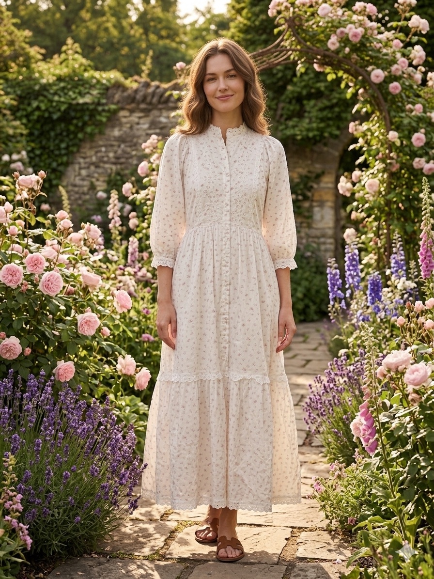Women's Cream Floral Button-Front Maxi Dress